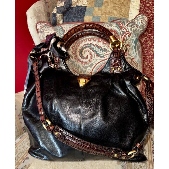 Brahmin Handbags - Brahmin Elisa Black Tuscan Leather Satchel Handbag Large